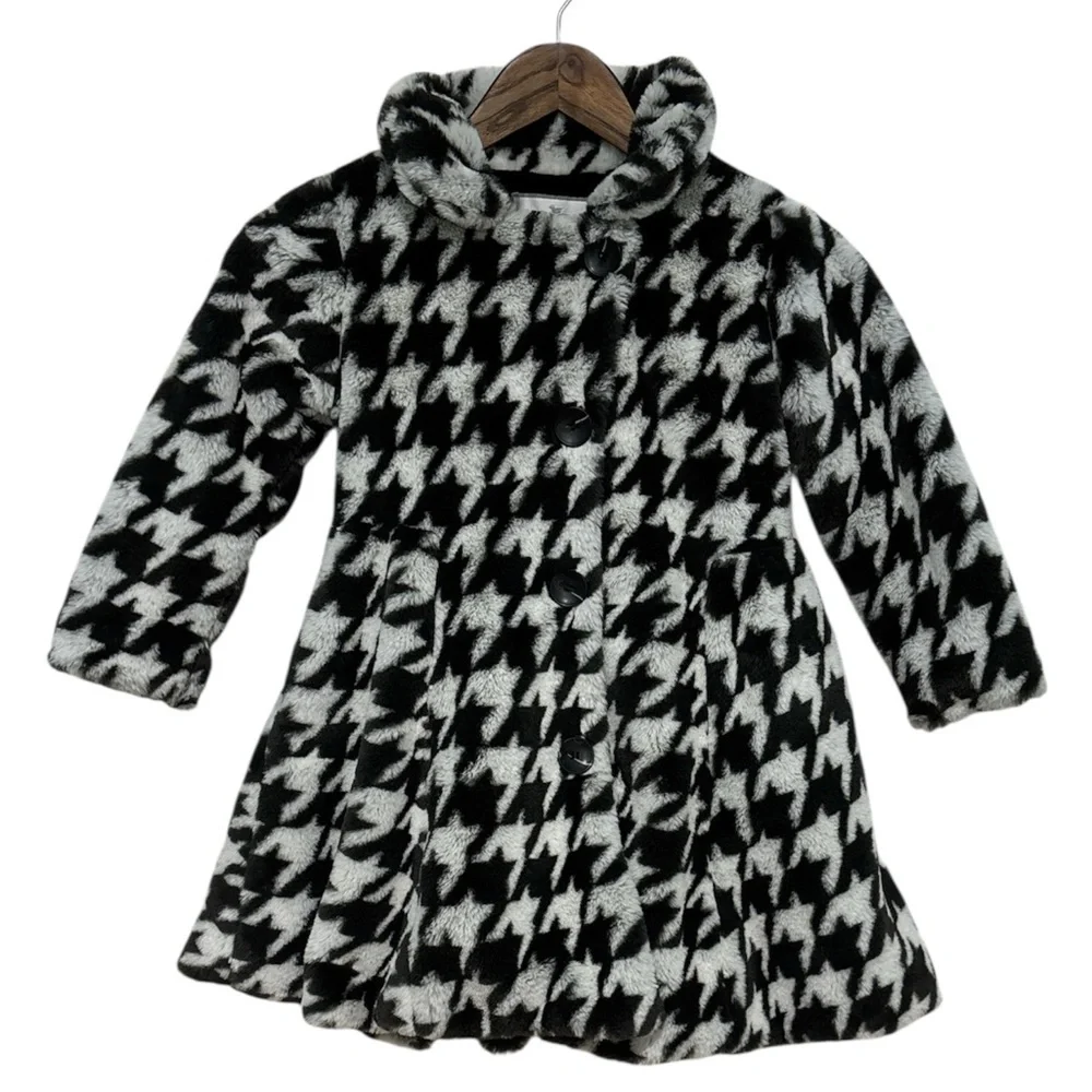 American Widgeon Girls Faux Fur Pea Coat Black/White Houndstooth Size 6